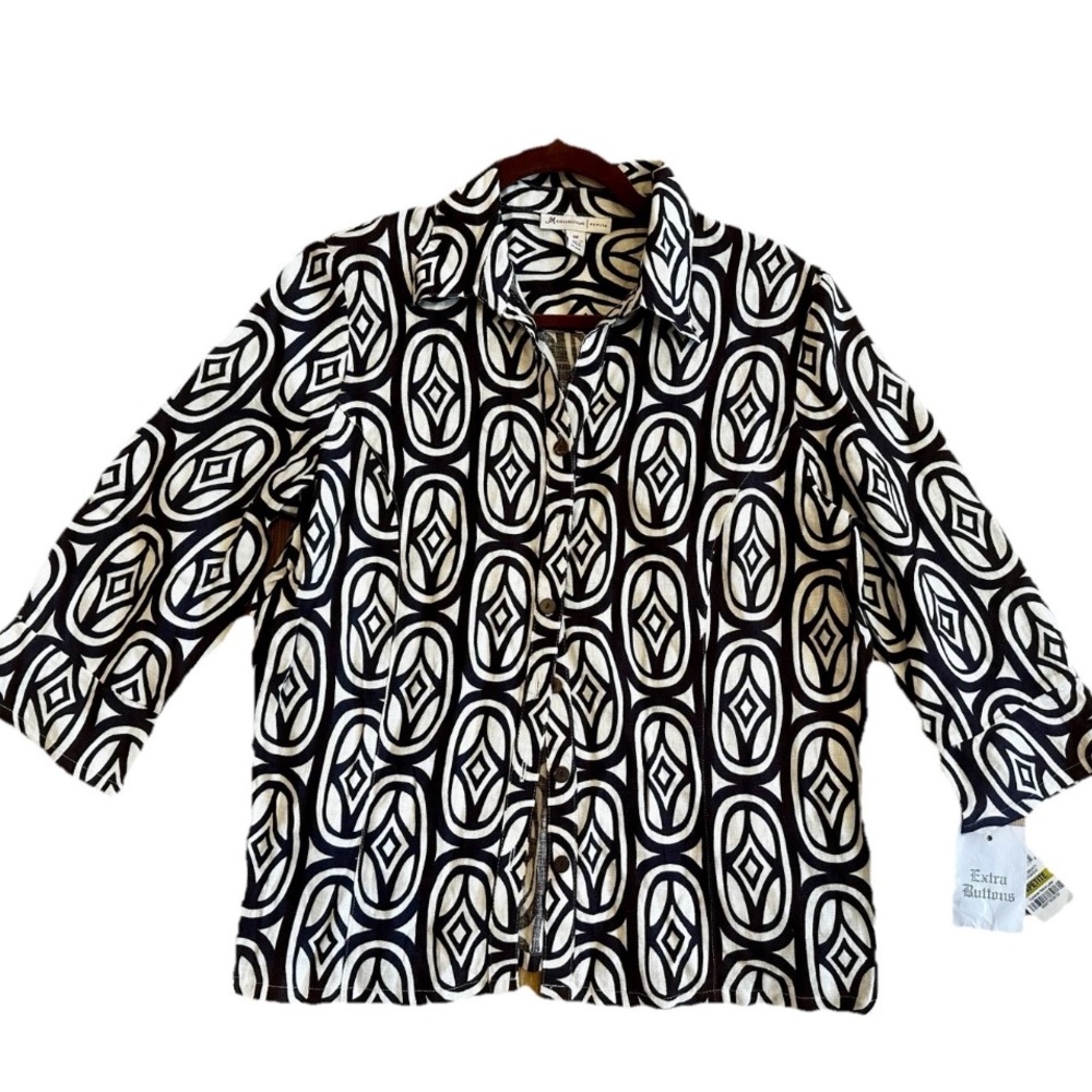 NWT JM Collection 100% Linen Geometric Button Down Shirt 14P